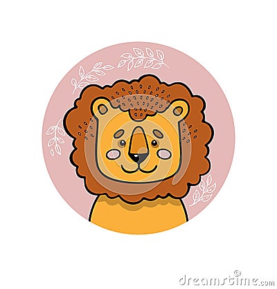 Lion. Cute funny hand drawn animal with hearts, leaves and branches. Vector Illustration